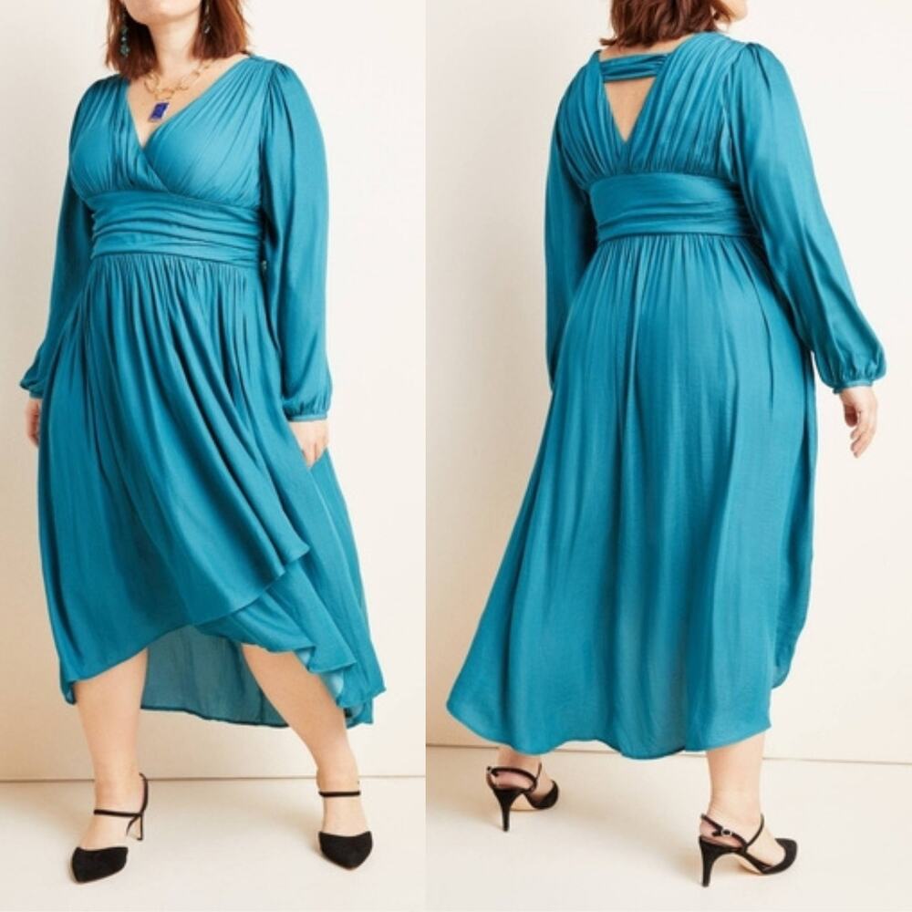 By Anthropologie Plus NWT Gwendolyn Teal Long Puff Sleeve Hi Low Maxi Dress